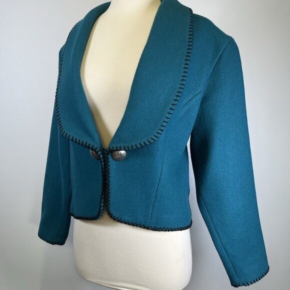 Vintage MWG Western Wool Cropped Jacket Teal Southwestern Concho Button Medium - Picture 2 of 13